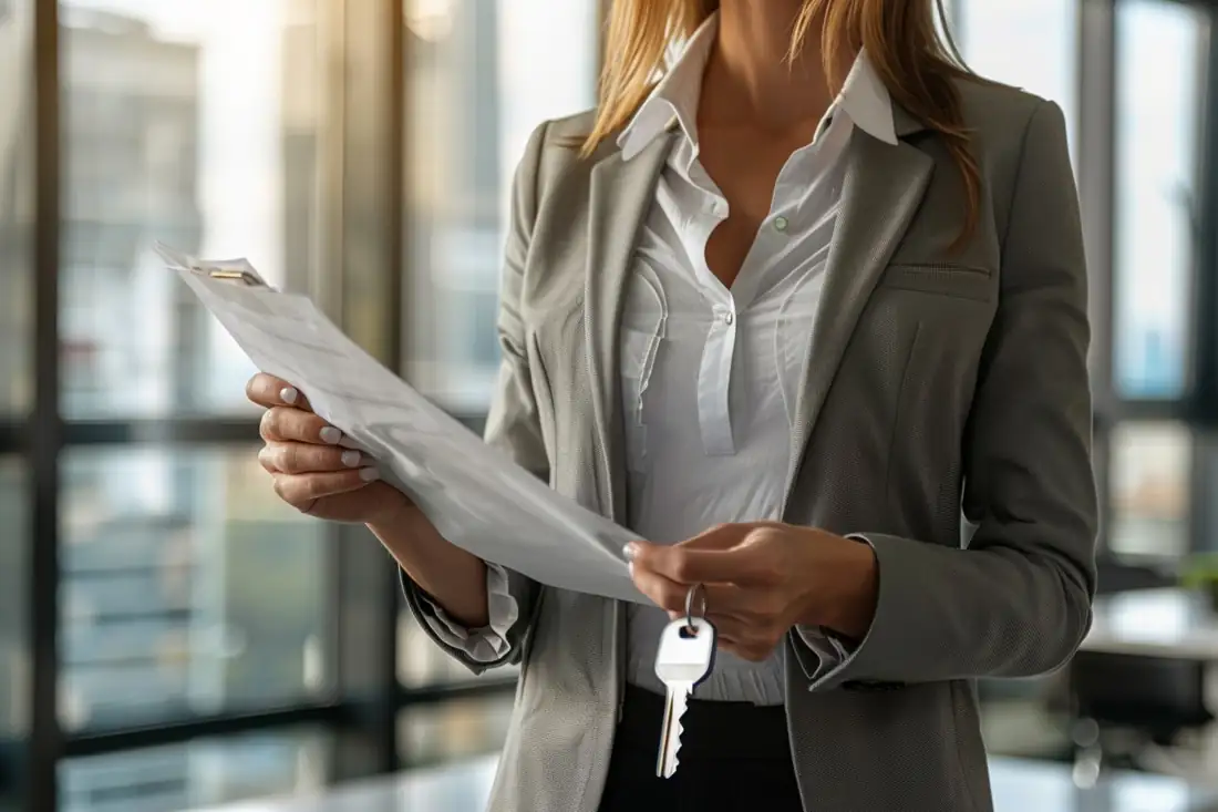 Documents de vente, calculatrice et clés posés sur le bureau lors d’un rendez-vous en agence immobilière.