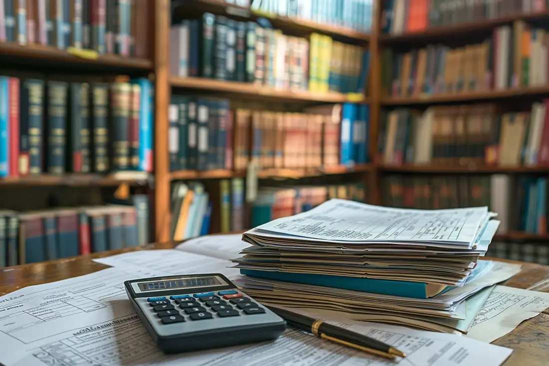Dossier de vente, calculatrice et clés disposés sur une table lors d’une signature chez le notaire.