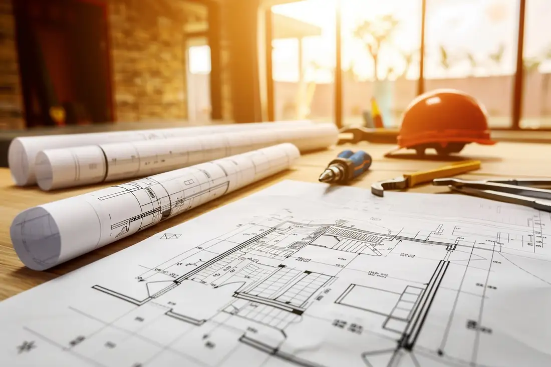Propriétaire et professionnel examinant les plans devant une maison individuelle neuve en chantier.