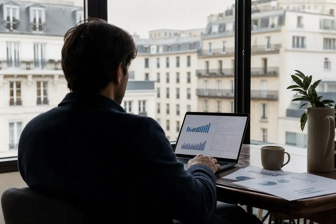 Investisseur consultant les comptes d’une foncière cotée sur ordinateur devant des immeubles urbains modernes.