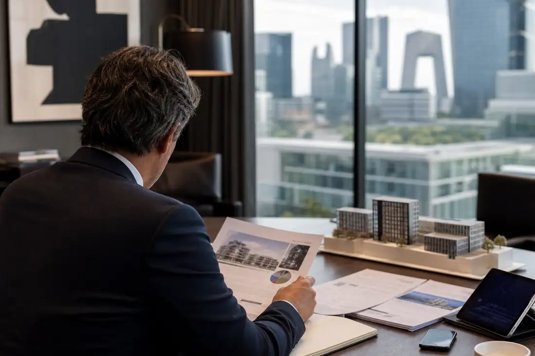 Investisseur examinant des documents de SCPI sur un bureau avec une maquette d’immeubles tertiaires.