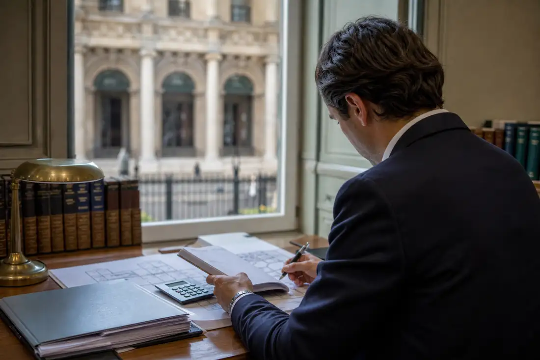 Dossier de vente, calculatrice et plans préparés sur un bureau avant une enchère immobilière au tribunal.