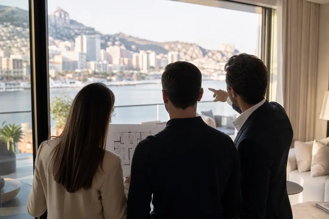 Visite d’un appartement contemporain avec terrasse à Monaco par des acheteurs accompagnés d’un conseiller immobilier