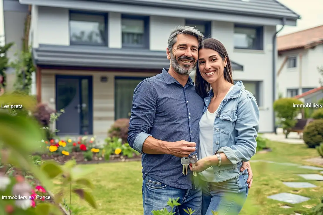 Couple examinant une offre de prêt immobilier et un plan de logement sur une table de salle à manger.