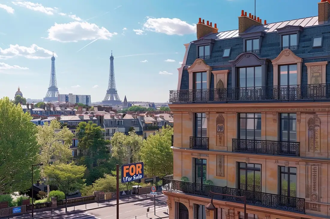 Façade résidentielle parisienne devant laquelle un acheteur examine le plan d’un appartement avec un dossier de vente.