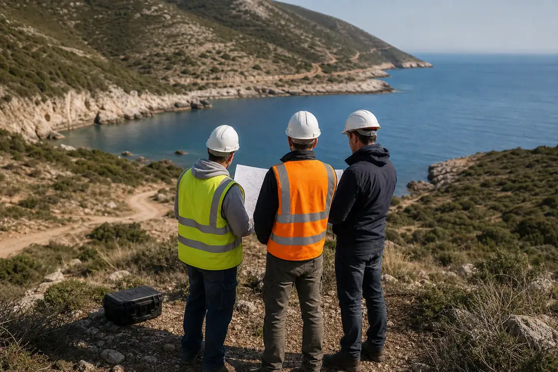 Crique rocheuse du littoral albanais avec végétation méditerranéenne et équipe de repérage au loin.