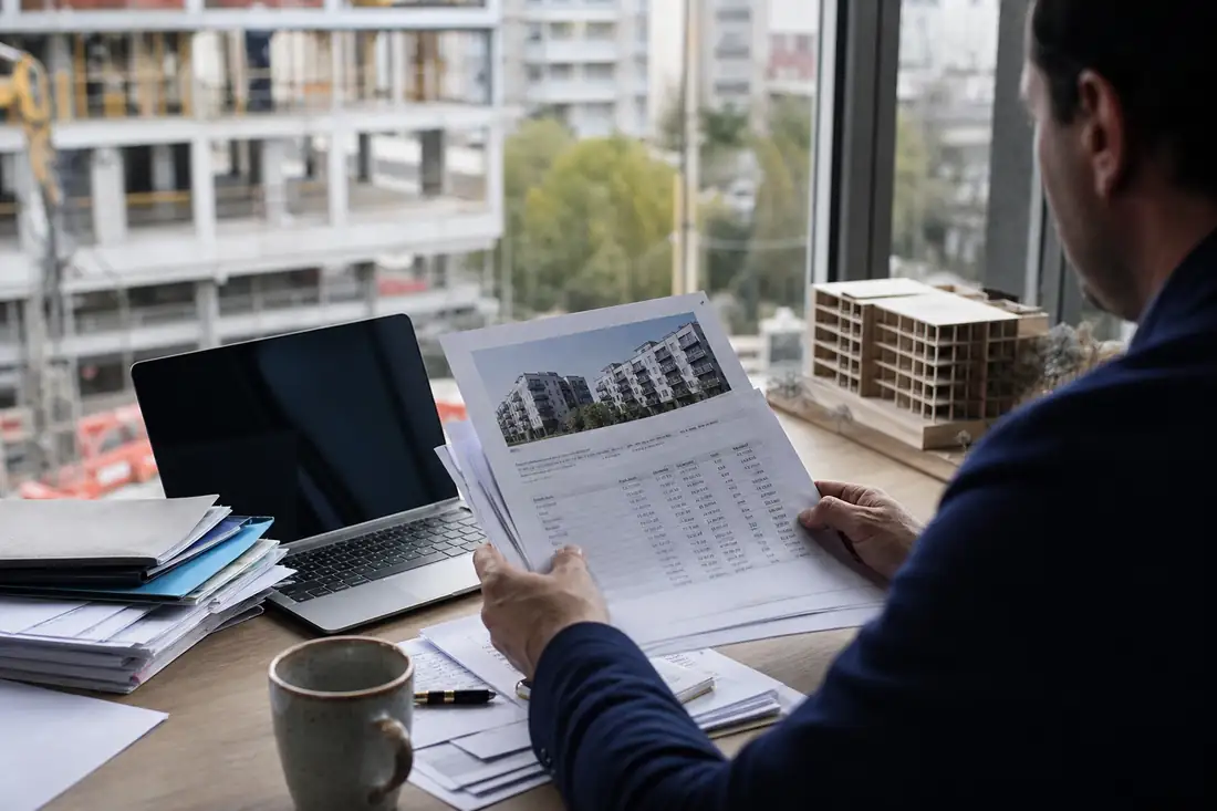 Investisseur consultant des documents de programme immobilier près d’un ordinateur et d’une maquette de chantier.