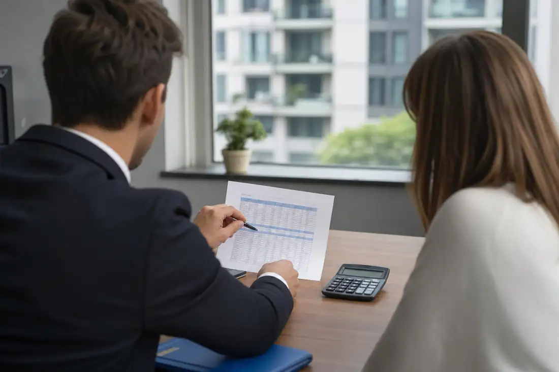 Emprunteur et conseiller comparant des offres de prêt immobilier et un échéancier de remboursement.