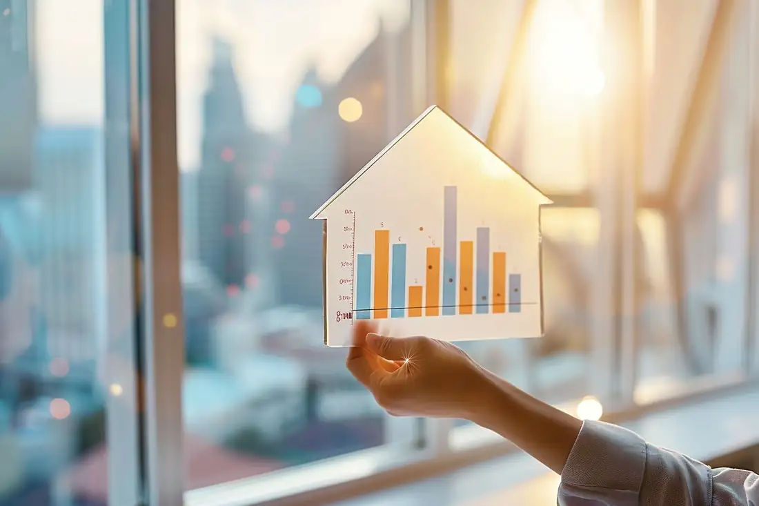 Simulation de prêt immobilier sur un bureau avec calculatrice, dossier de financement et clés de logement.