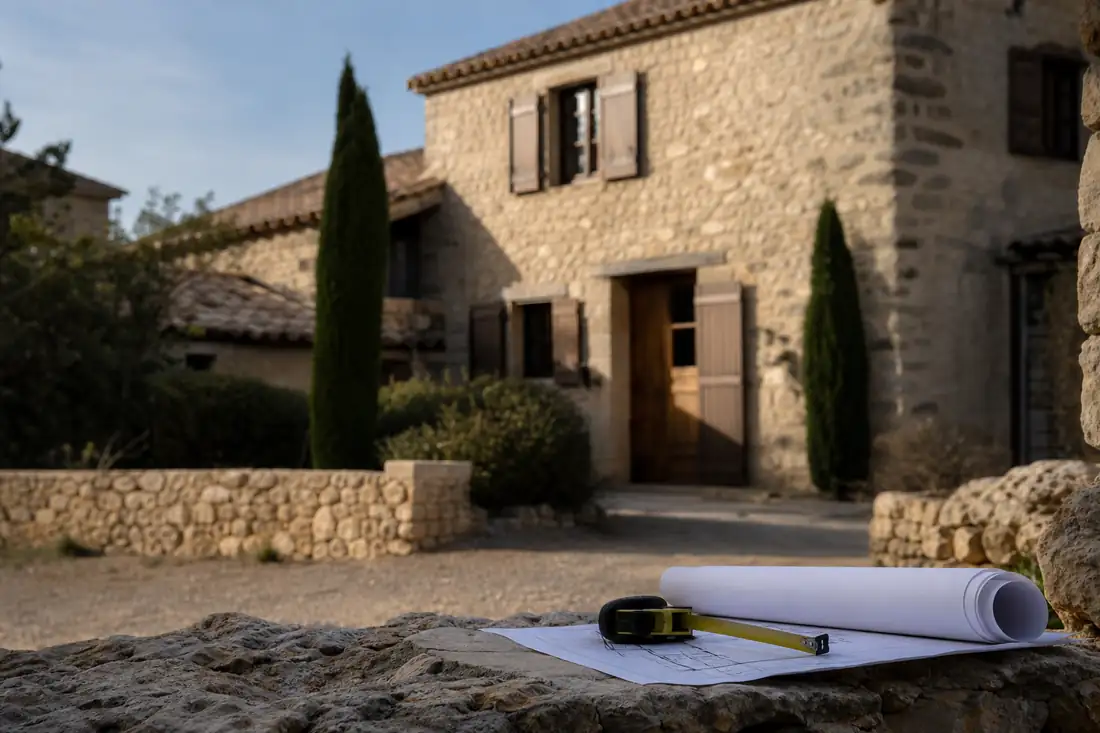 Maison de village en pierre avec toiture ancienne et cour arborée dans un paysage de Drôme-Ardèche.