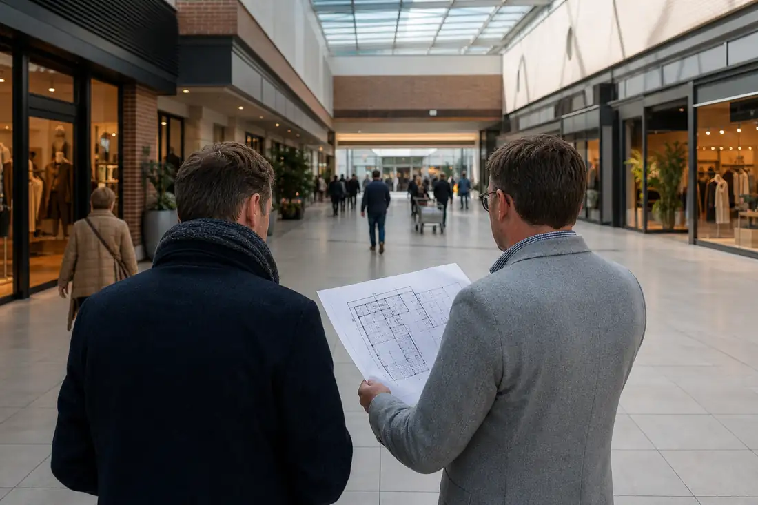 Galerie marchande couverte avec boutiques, allées lumineuses et visiteurs vus de dos dans un centre commercial.