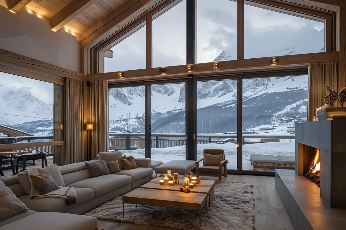 Résidence d’appartements au pied des montagnes, près d’un accès aux pistes enneigées d’une station alpine.