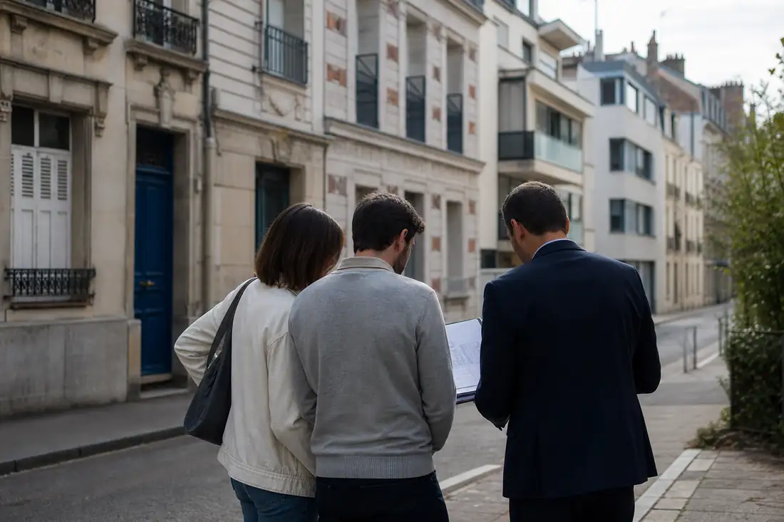 Quartier résidentiel français avec immeubles anciens et acheteurs consultant des documents immobiliers.