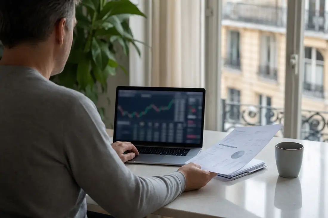 Investisseur consultant les données d’un fonds immobilier coté sur ordinateur dans un appartement lumineux.