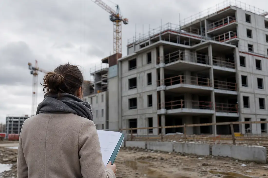 Acquéreur de logement neuf devant un chantier résidentiel interrompu, documents de vente à la main.