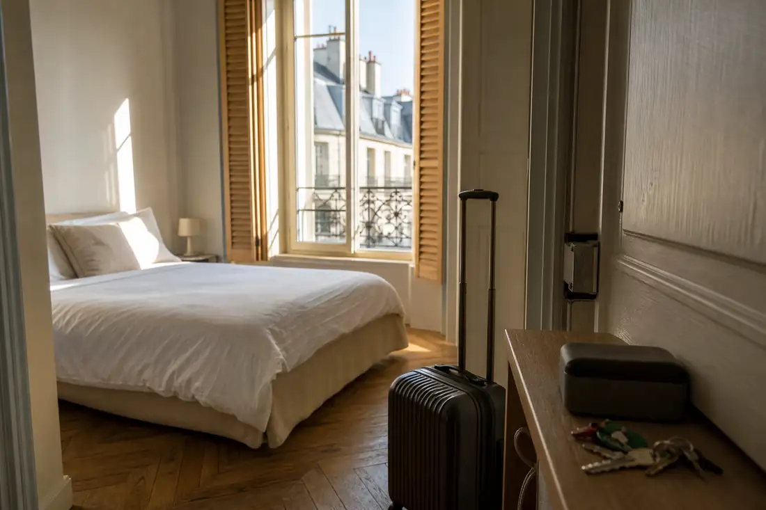 Studio meublé préparé pour un séjour de courte durée, valise près de la porte et clés posées sur la console d’entrée