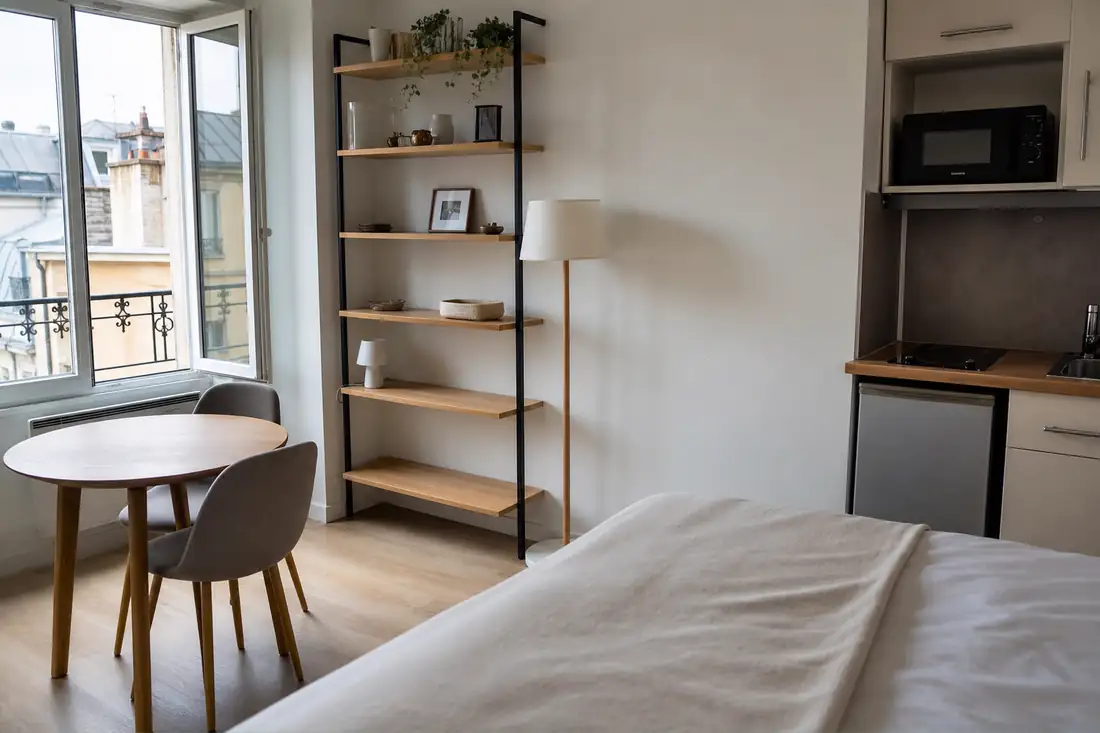 Studio meublé avec lit, table, chaises et kitchenette équipée de plaques de cuisson et d’un réfrigérateur