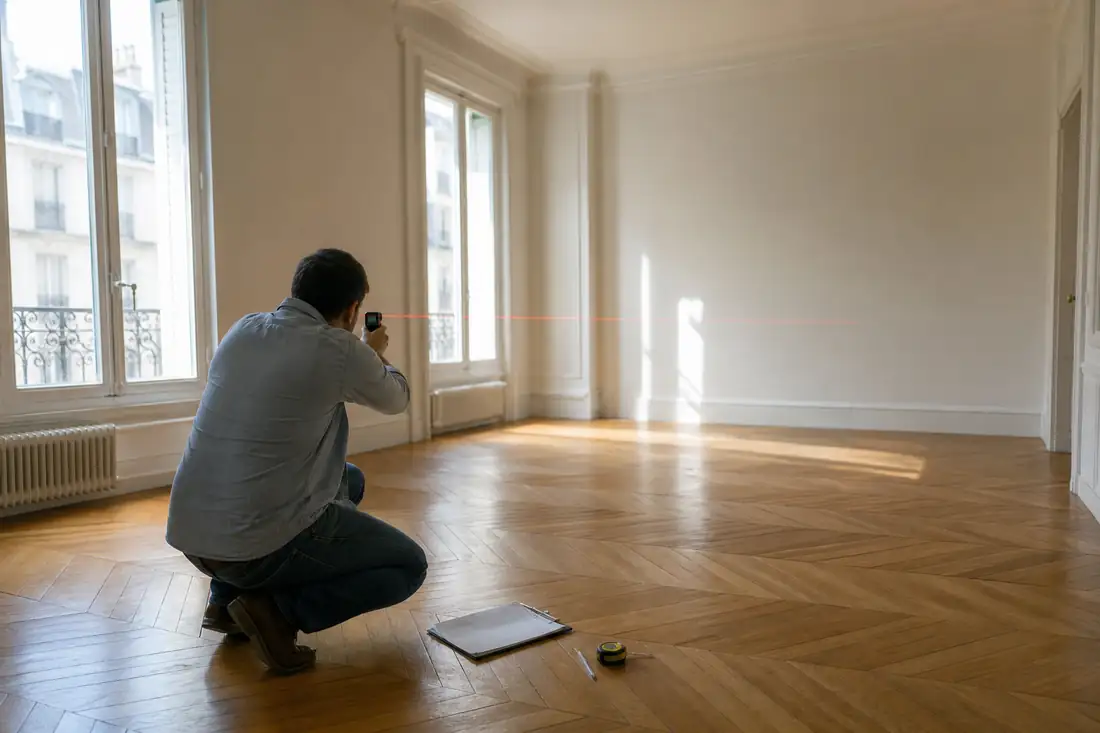Mesurage au télémètre laser d’un séjour vide en copropriété avant la signature de l’acte de vente