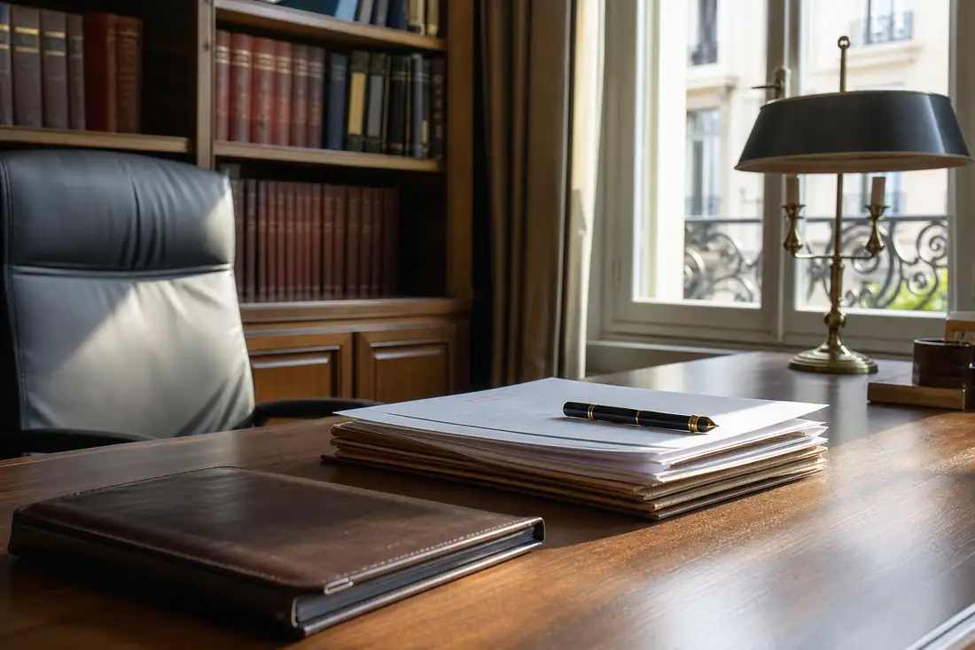 Bureau de notaire, actes de vente empilés sur un plateau en bois et stylo posé près d’une fenêtre