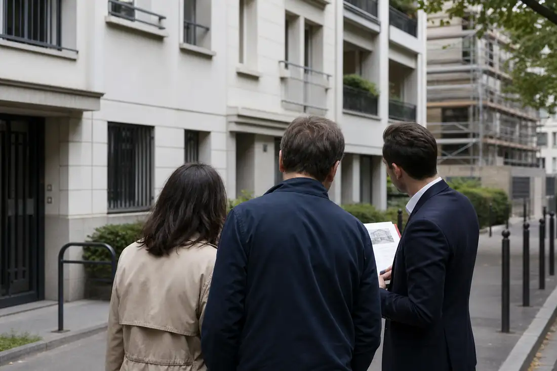 Acquéreurs examinant des documents avec un agent devant un immeuble résidentiel en quartier urbain.