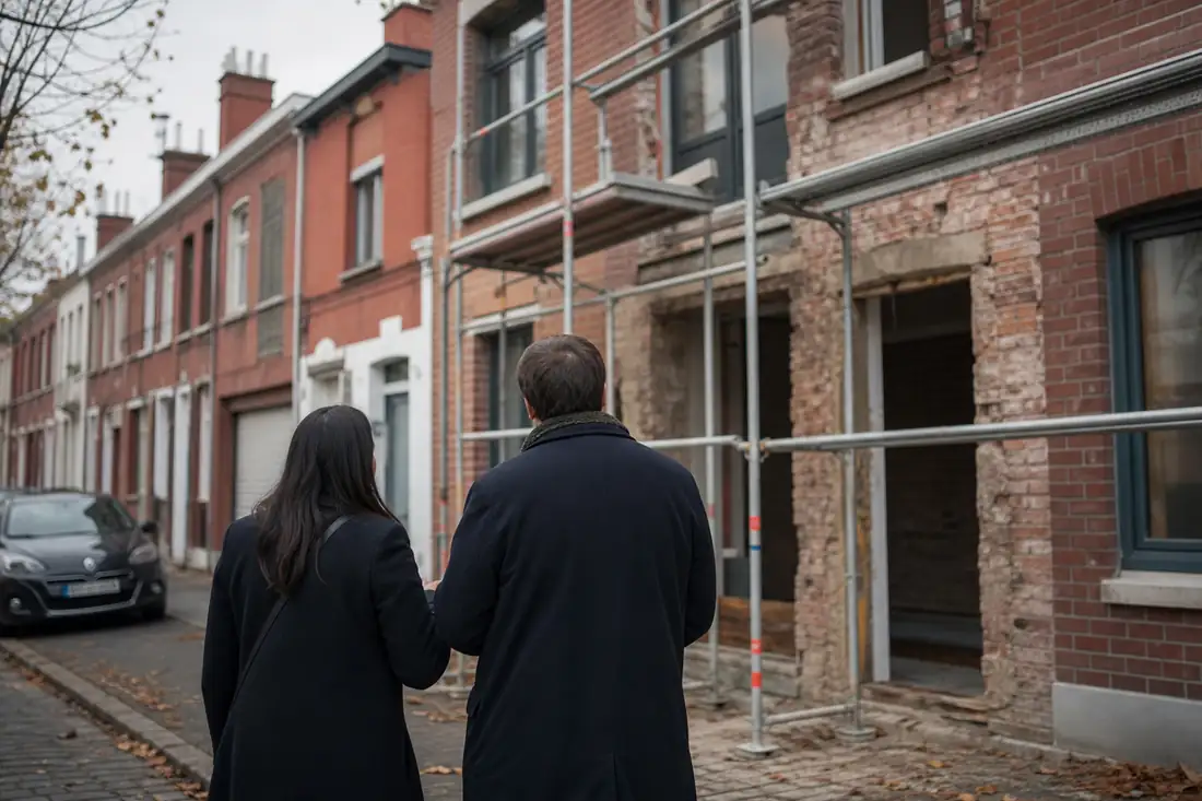 Maisons de ville en brique à Tourcoing, dont une en rénovation dans une rue résidentielle.