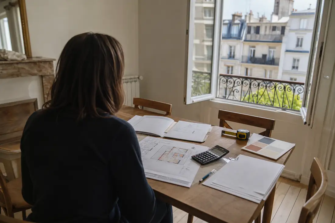 Investisseur examinant des documents de financement dans un appartement à rénover, face à un quartier résidentiel.