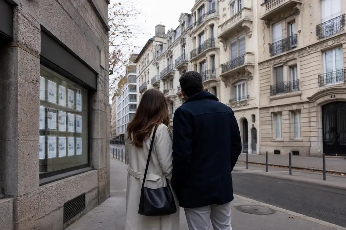 Immeubles anciens alignés dans une rue urbaine de Lyon, avec passants flous et vitrines sans enseigne lisible.