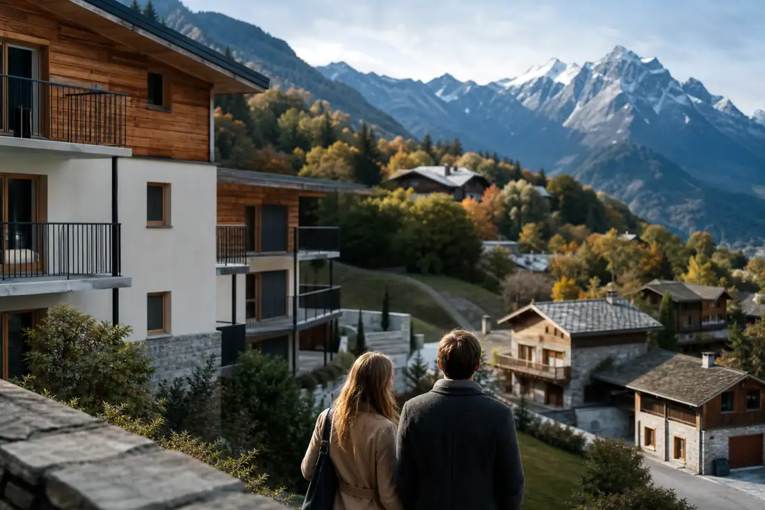 Résidences alpines savoyardes sur un versant avec vallée et sommets enneigés en arrière-plan.