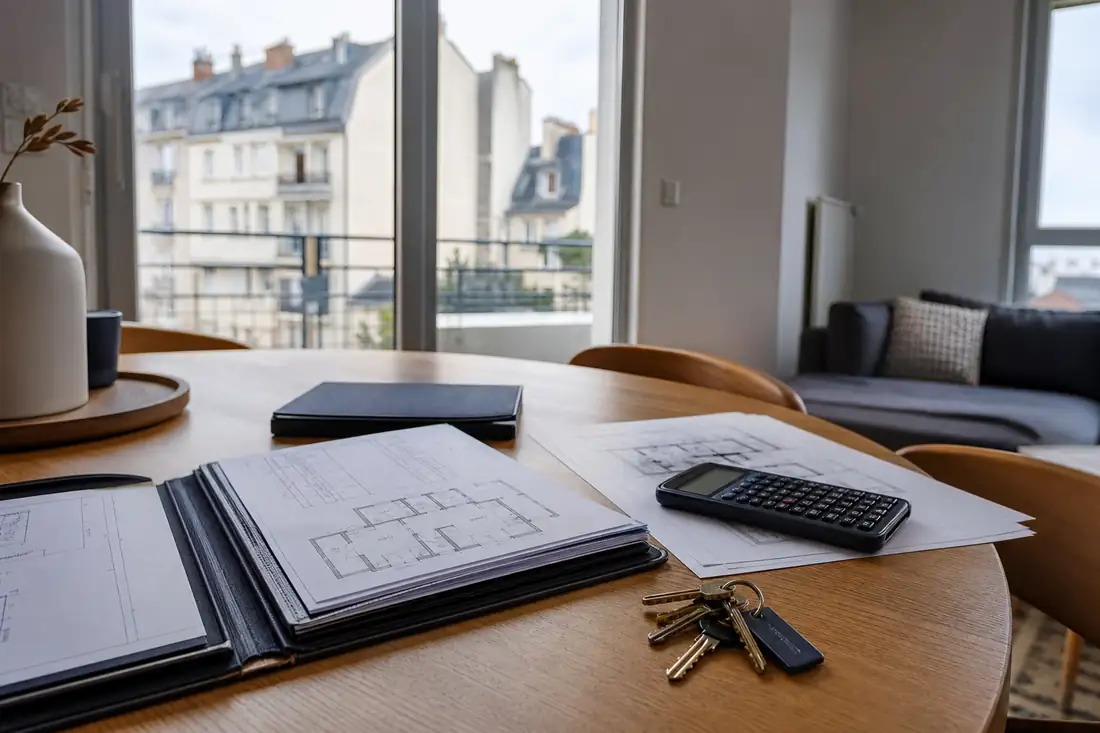 Dossier de financement et clés posés sur une table dans un appartement en cours d’achat résidentiel.