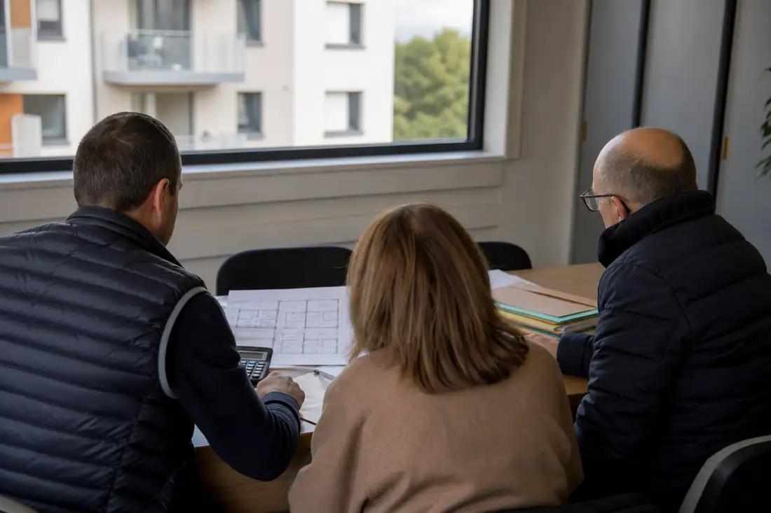 Réunion de copropriétaires examinant des documents de gestion et un plan d’immeuble dans une agence locale.