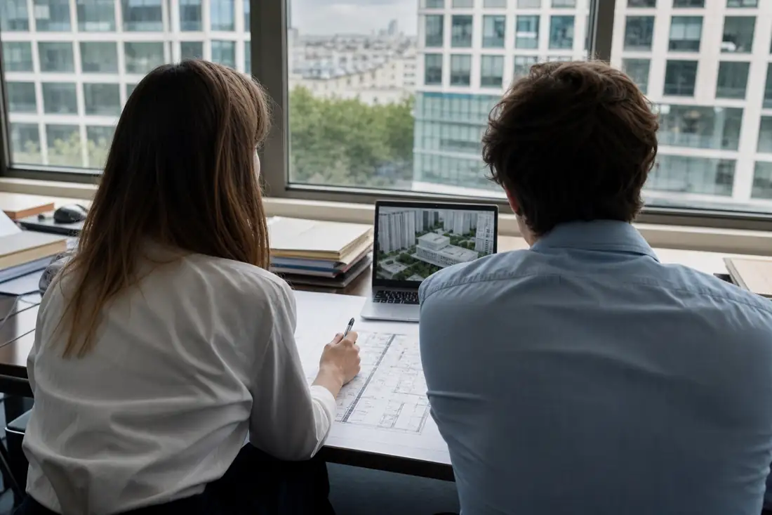 Deux professionnels examinent des plans immobiliers dans un bureau face à des immeubles tertiaires.