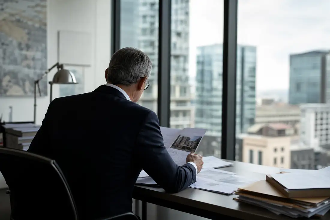 Analyste examinant des documents de financement immobilier dans un bureau face à des immeubles de bureaux.