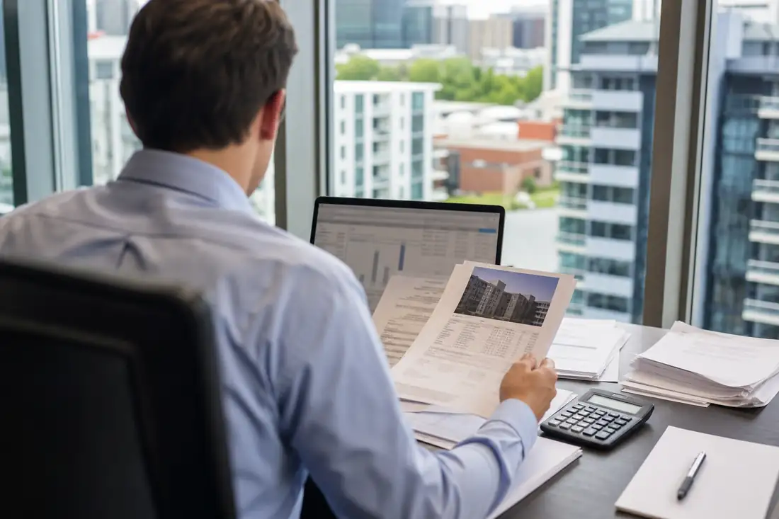 Analyste examinant des dossiers de prêts immobiliers face à des immeubles américains depuis un bureau.