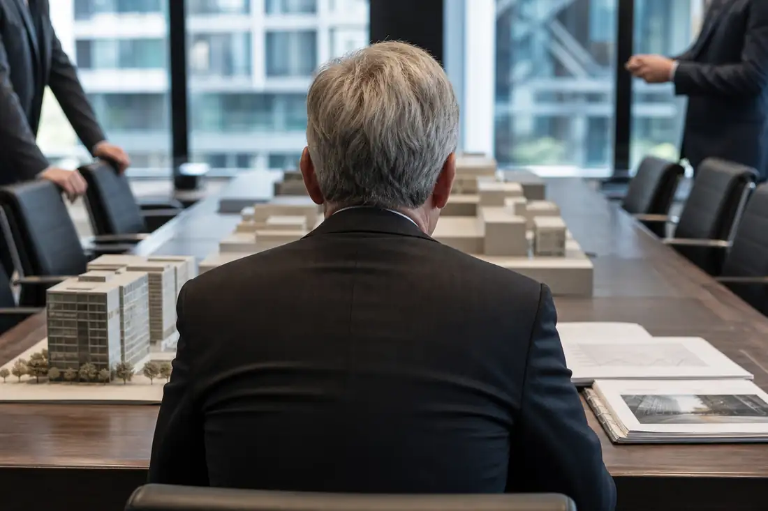 Réunion de gouvernance dans une salle de conseil surplombant des immeubles de bureaux contemporains.