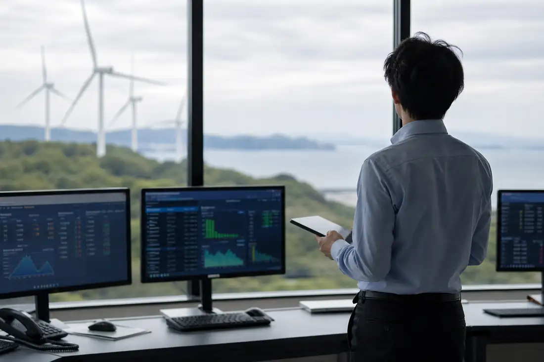 Salle de gestion énergétique d’un immeuble japonais avec éoliennes visibles au loin derrière les baies vitrées.