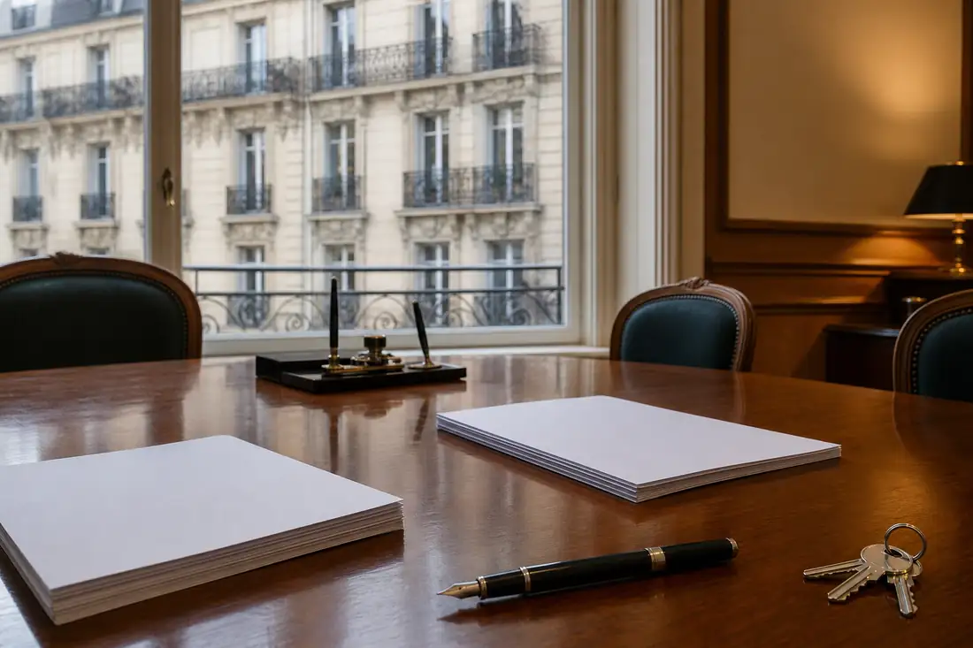 Salle de signature d’une étude notariale avec documents, stylo et clés d’appartement, façade d’immeuble en arrière-plan