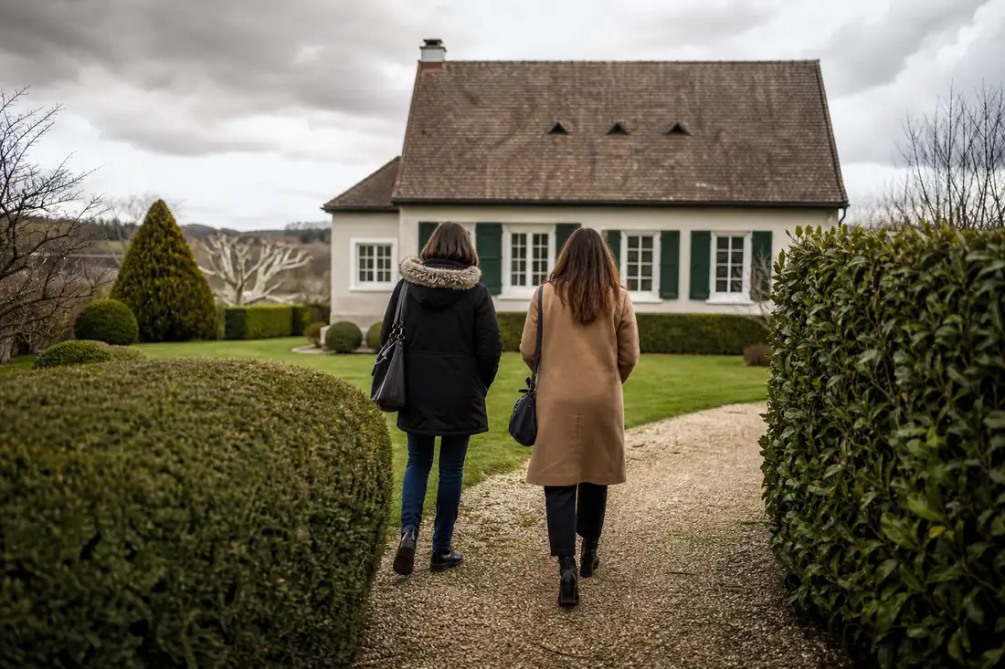 Maison rurale avec fenêtres à double vitrage, petit jardin entretenu et chemin gravillonné devant l’entrée.