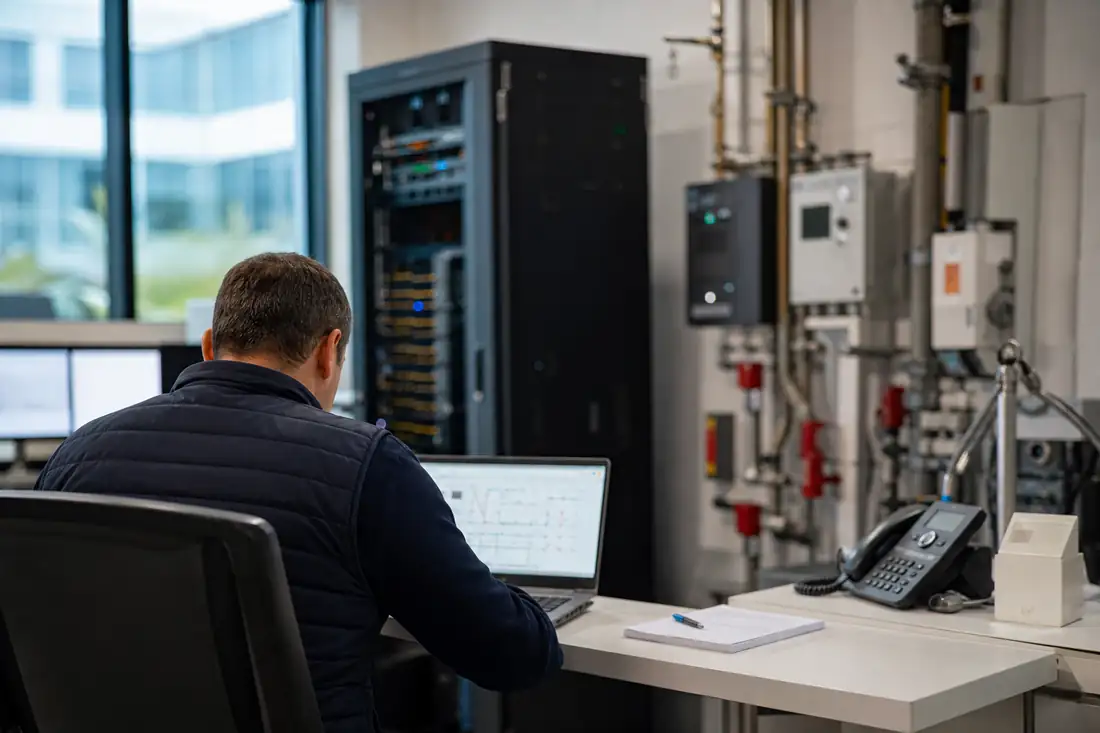 Salle technique d’un immeuble tertiaire avec serveurs et capteurs, illustrant l’IA et la cybersécurité.