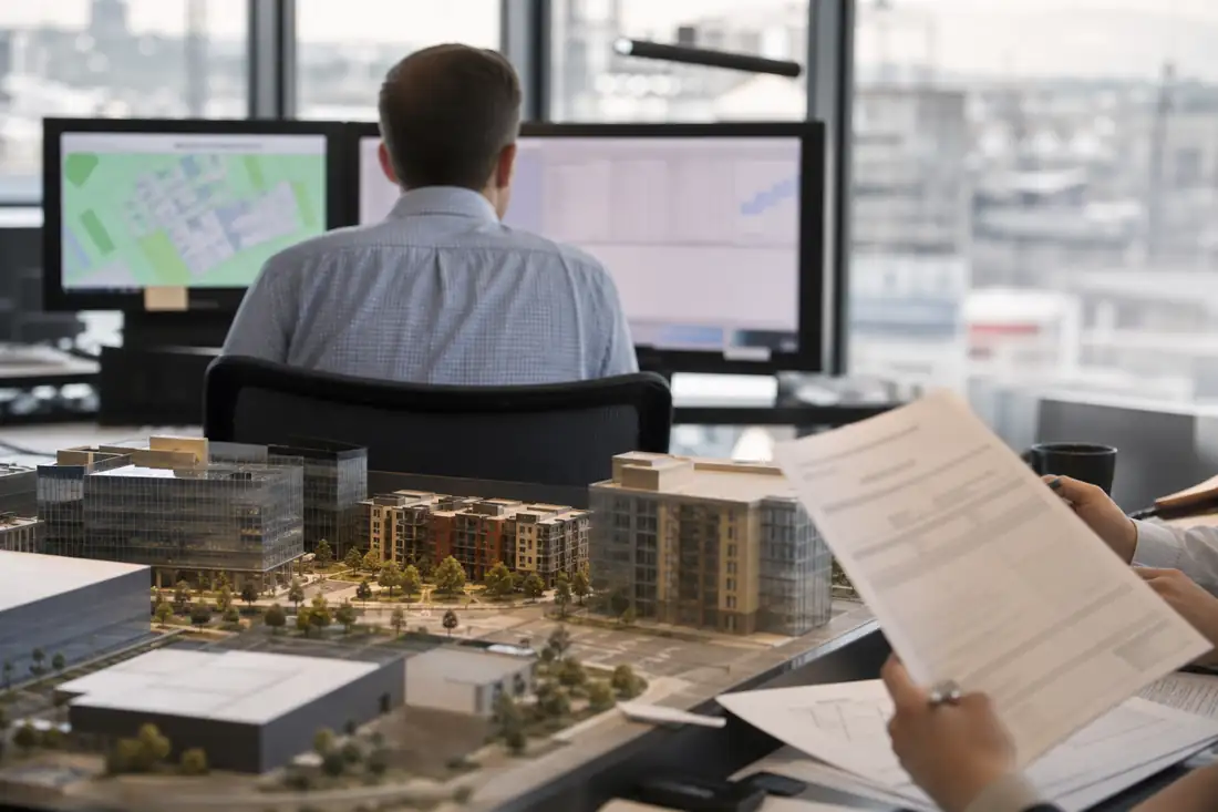Analystes examinant des données de portefeuille immobilier dans un bureau de gestion d’actifs américain.
