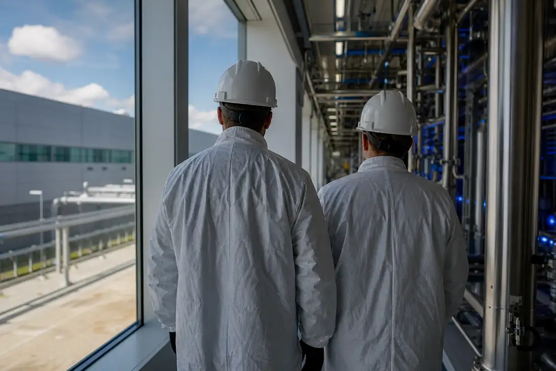 Couloir technique d’un campus industriel américain dédié aux équipements de semi-conducteurs et à la recherche.