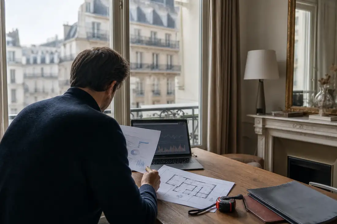 Investisseur examinant documents, plan et ordinateur dans un appartement parisien lumineux avant une acquisition locative.