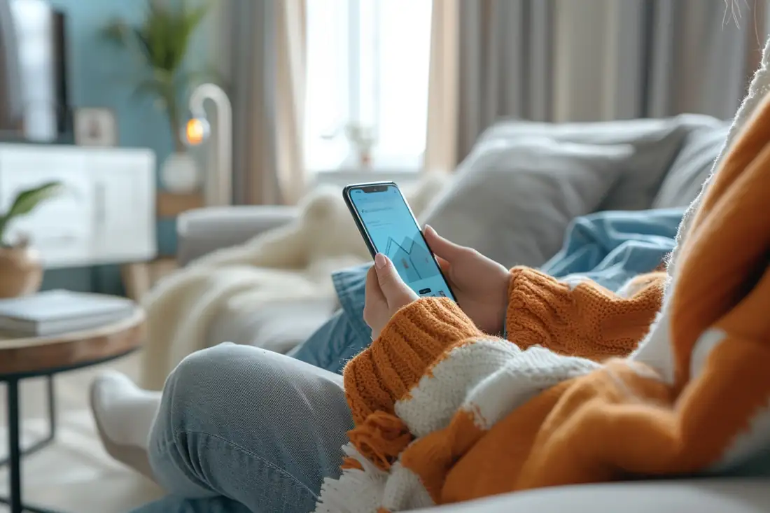 Locataire consultant des annonces immobilières sur son smartphone avant une visite d’appartement en ville.