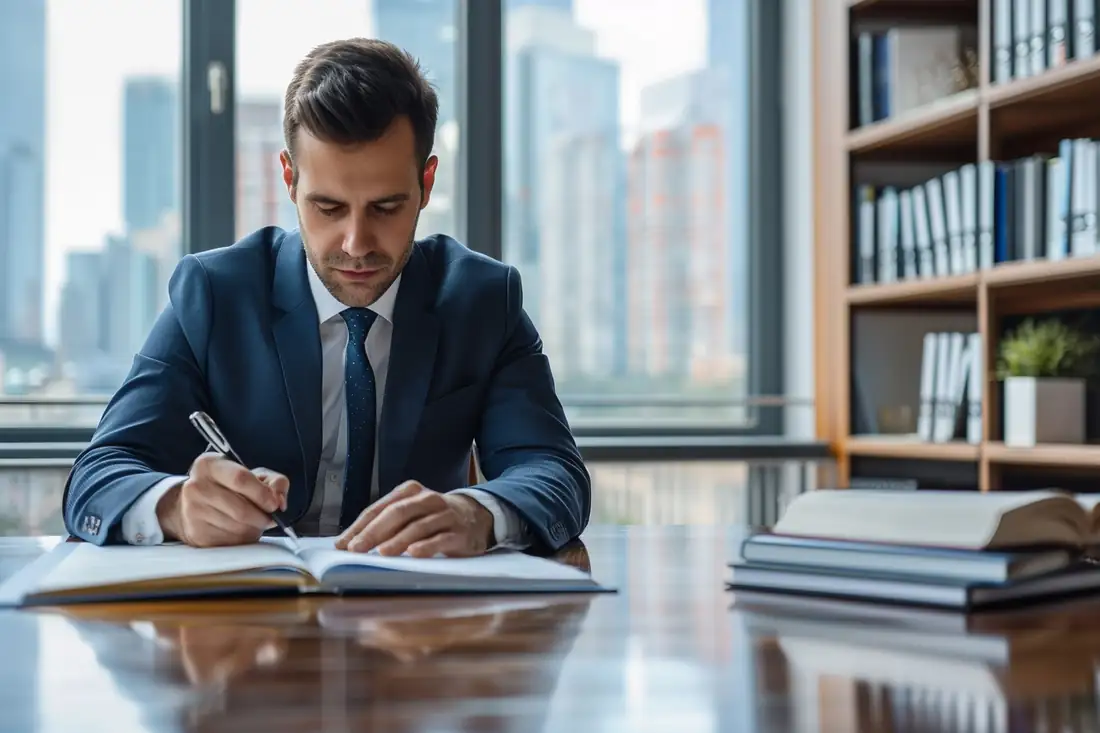 Notaire et futurs acquéreurs examinant un dossier de vente immobilière dans une étude lumineuse.
