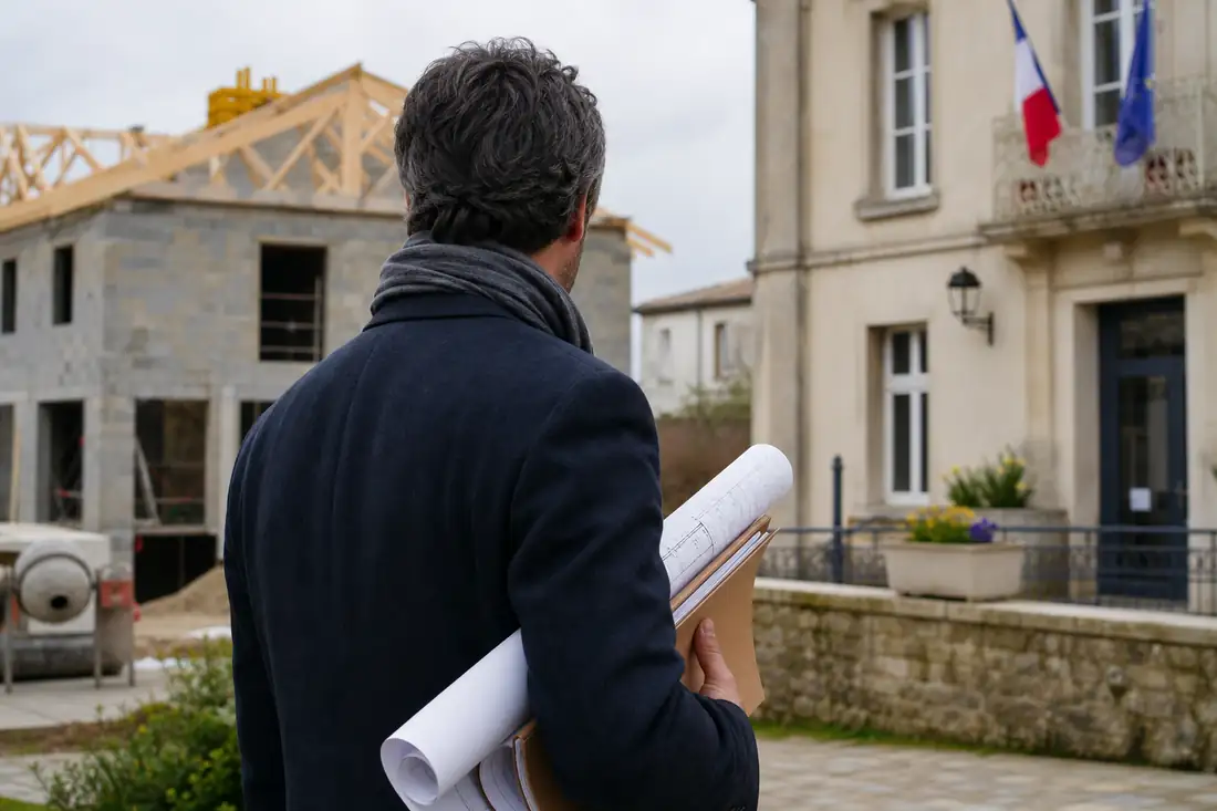 Dossier de permis de construire tenu devant une mairie française, avec chantier résidentiel en arrière-plan.