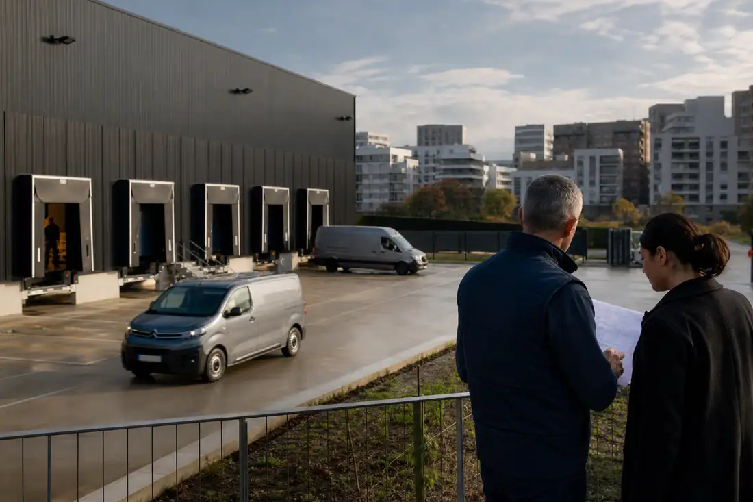 Plateforme logistique urbaine avec quais de livraison et véhicules électriques à proximité d’immeubles résidentiels.