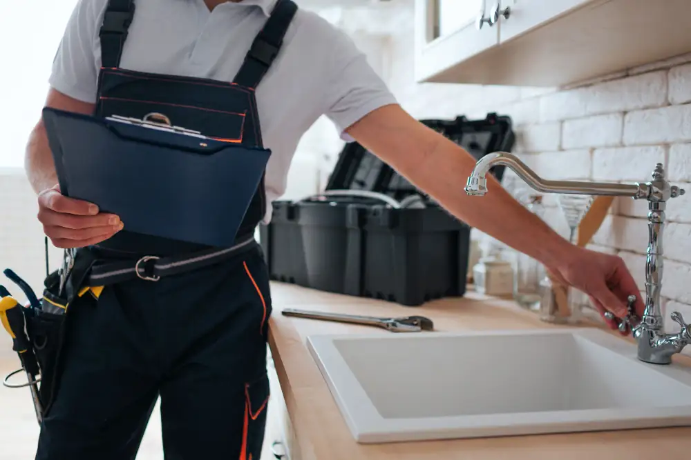 Plombier inspectant une fuite sous un évier dans un appartement ancien du secteur de Nice.