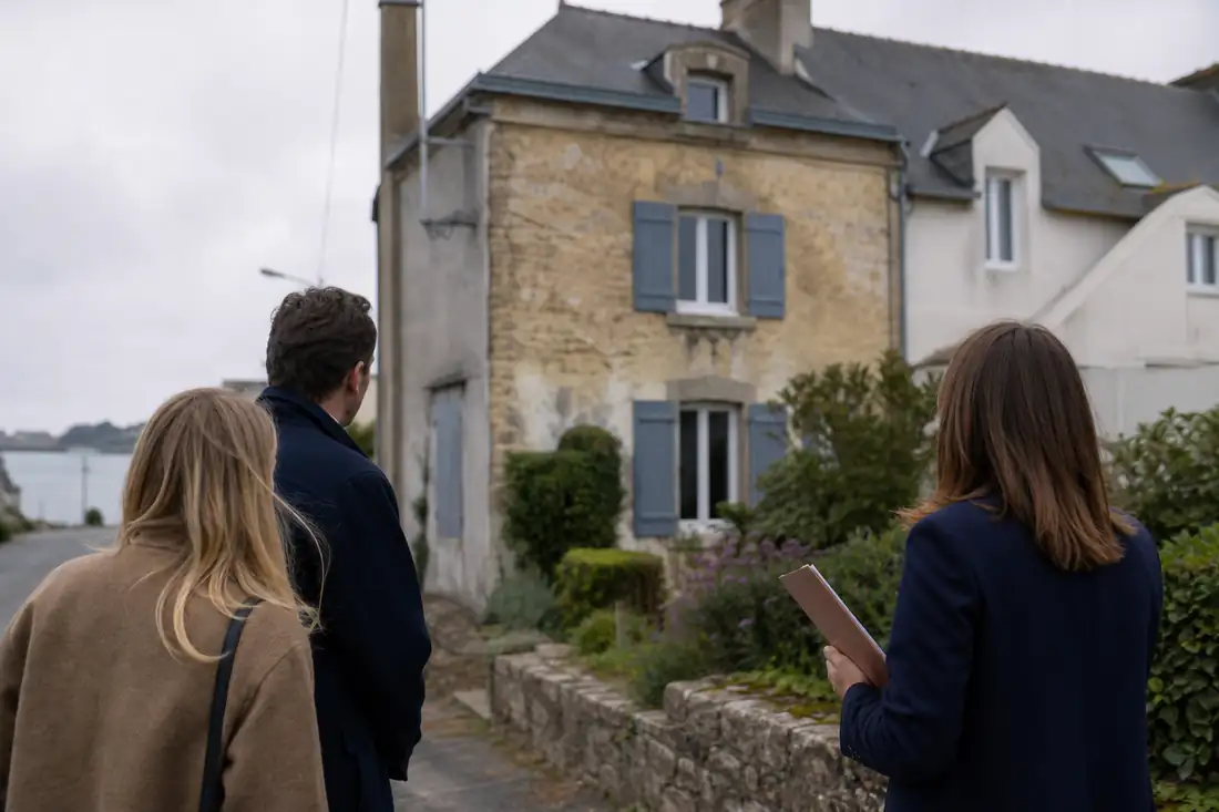 Maison individuelle en pierre dans le Morbihan, visitée par des acheteurs sur un marché en ajustement.