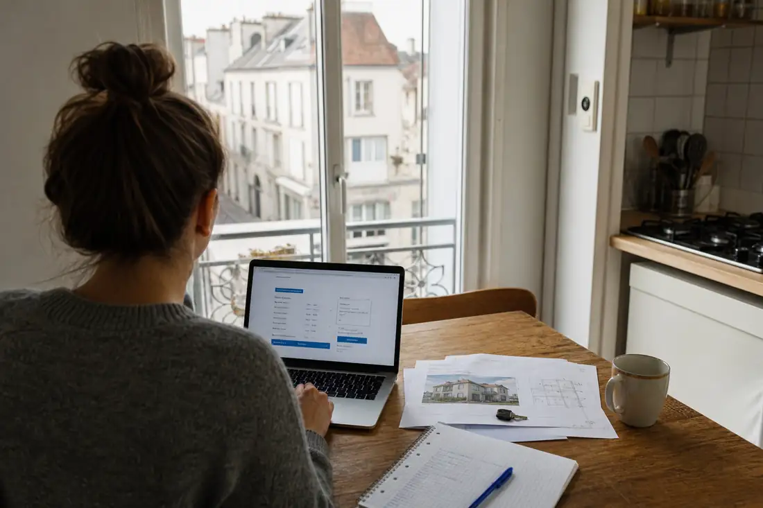 Personne consultant un budget de crédit immobilier et des documents d’achat dans un appartement français.