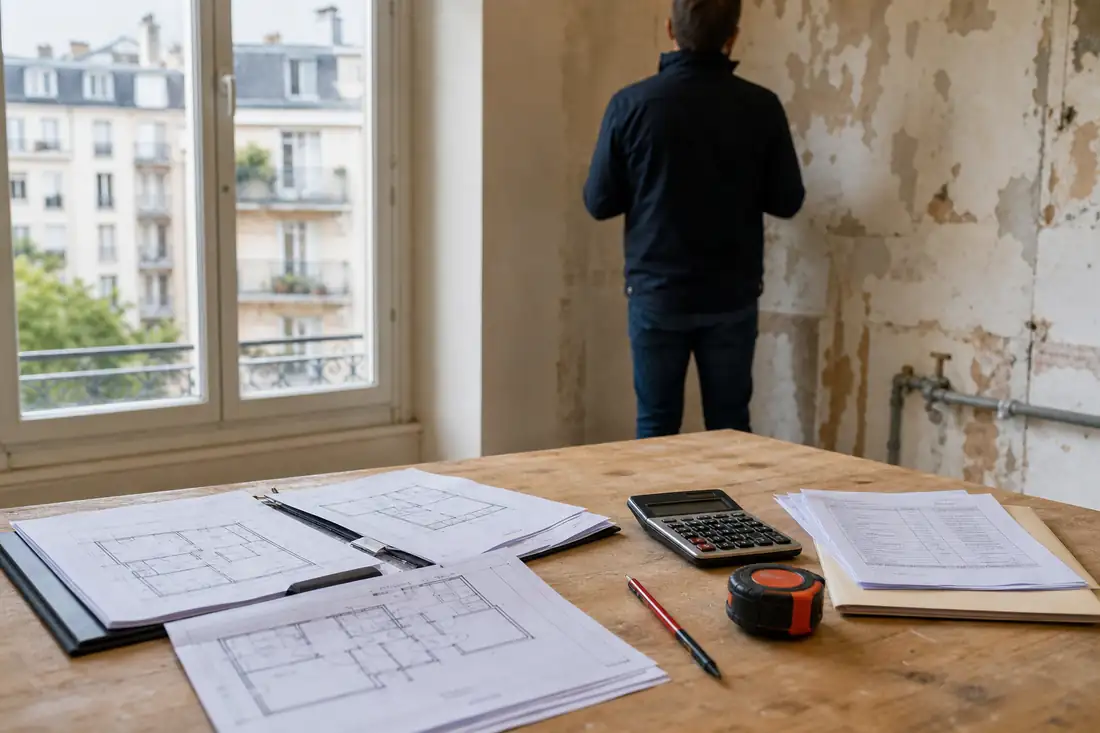 Dossier de financement et devis de rénovation posés dans un appartement ancien avant un investissement locatif.