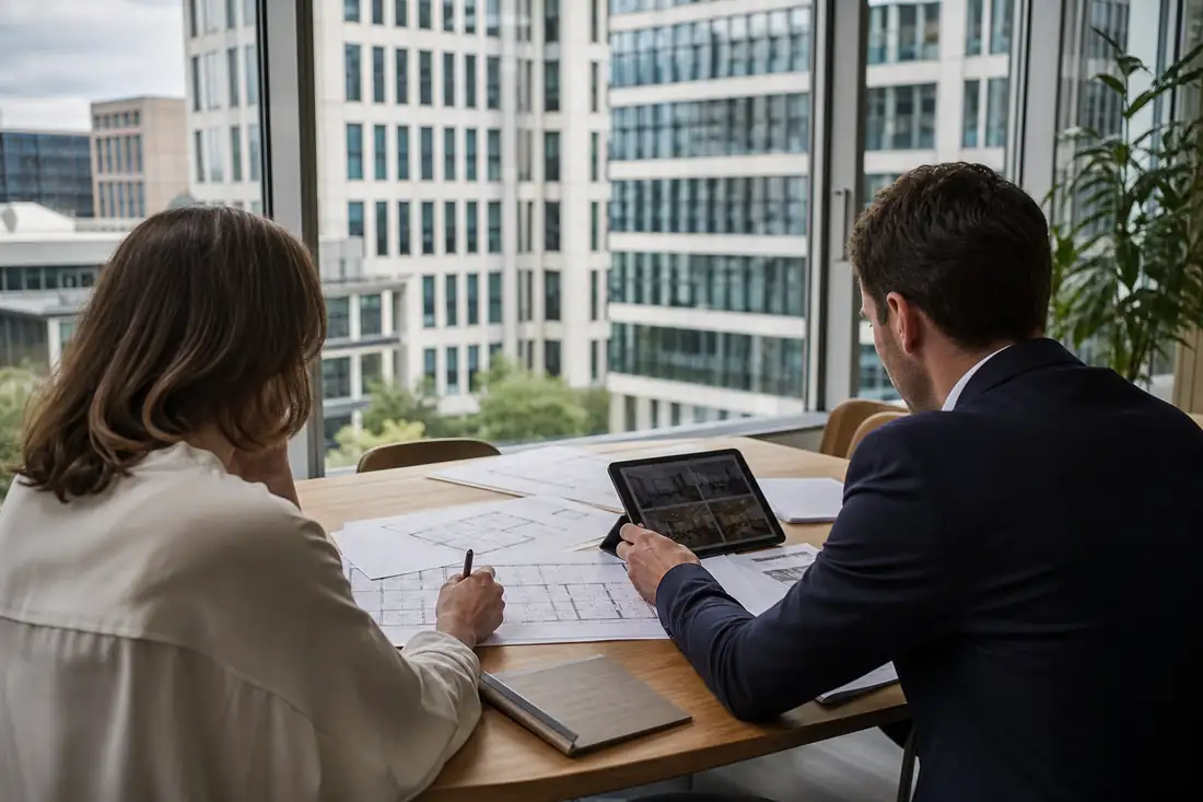 Réunion de conseil dans des bureaux modernes, avec plans d’immeubles commerciaux étalés sur une table.